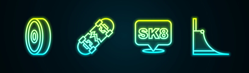 Set line Skateboard ball bearing, Broken skateboard, and park. Glowing neon icon. Vector