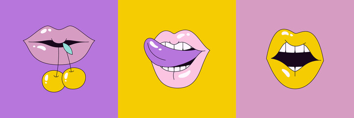 Lips Set in Pop Art 90's Style. Vector Illustration Women's Mouths in Different Emotions for Stickers, Logos, Patches