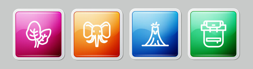 Set line Tropical leaves, Elephant, Volcano eruption and Hiking backpack. Colorful square button. Vector