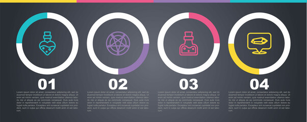 Set line Bottle with potion, Pentagram in a circle, and Magic stone. Business infographic template. Vector