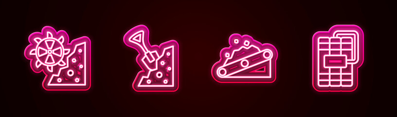 Set line Bucket wheel excavator, Shovel and stone, Conveyor belt carrying coal and Dynamite. Glowing neon icon. Vector