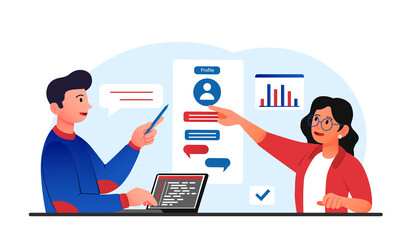 Know your customers concept. Young male and female marketers create profile of target audience of business. Analysis of customer and user data. Successful sales. Cartoon flat vector illustration