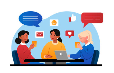 Communication with friends and relationships concept. Smiling girls sitting at table in cafe, talking, drinking coffee and working. Characters share news and relax. Cartoon flat vector illustration