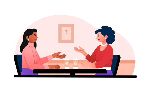 Friends communicate concept. Smiling girls sitting at table in cafe or bar and talking. Women share news or gossip. Happy characters meet and spend time together. Cartoon flat vector illustration