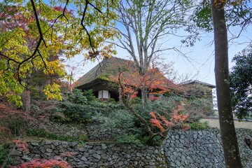 青空バックに見上げる古い日本様式の別荘の情景＠愛媛