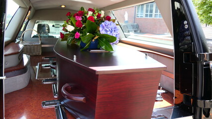 closeup shot of a funeral casket or coffin in a hearse or chapel or burial at cemetery
