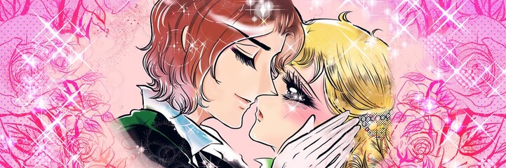 70年代少女漫画かっこいい王子様に急接近キスされる金髪縦ロールのお姫様イラストと薔薇背景