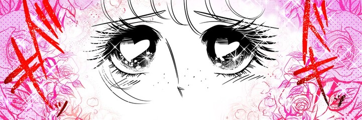 70年代少女漫画キラキラしたハートの瞳で息を呑んで見つめる女の子のドアップイラストと薔薇背景	

