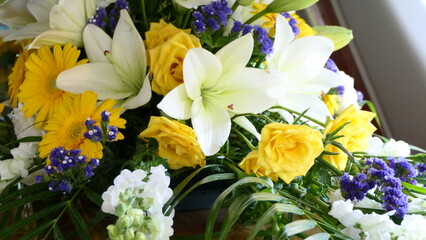 Shot of flowers arrangement used for a funeral service 
