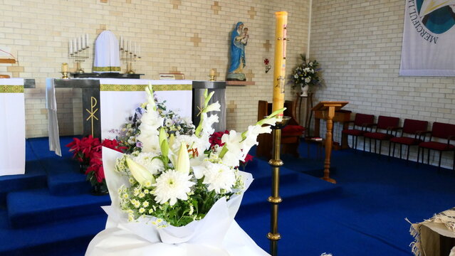 Shot of flowers arrangement used for a funeral service © NKM