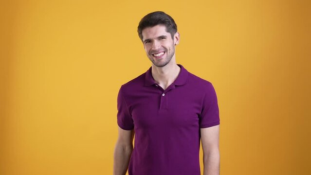 Positive guy meet cute girl ask call him isolated shine color background