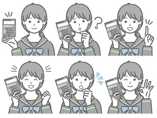 電卓を手に持つ女子学生