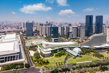 Fototapeta na wymiar Aerial photography of financial centers on both sides of the Xiamen coastline