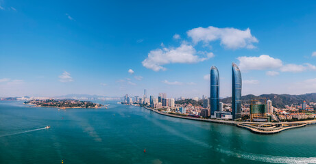 Aerial photography of the twin towers of the World Trade Center along the coastline of Xiamen