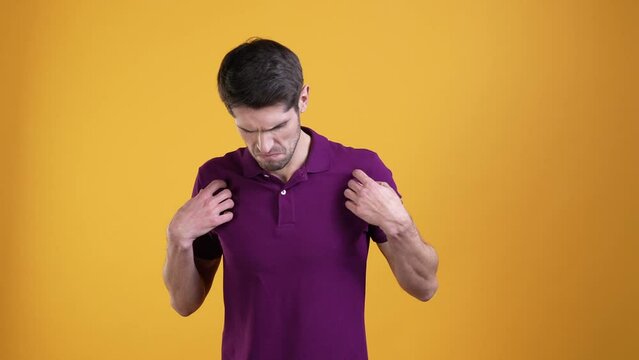 Guy suffer dermatitis itching isolated bright color background
