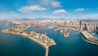 Obraz premium Aerial photography panoramic view of the city coastline of Qingdao, China