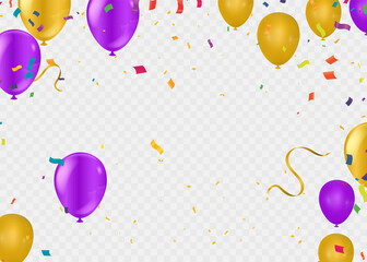 balloons gold ..... and sparkles and glitter confetti on  background. Festive realistic style. Celebrate birthday template.