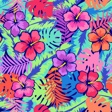 Colorful hand drawn hibiscus flower with tropical leaf seamless pattern for summer holidays background.
