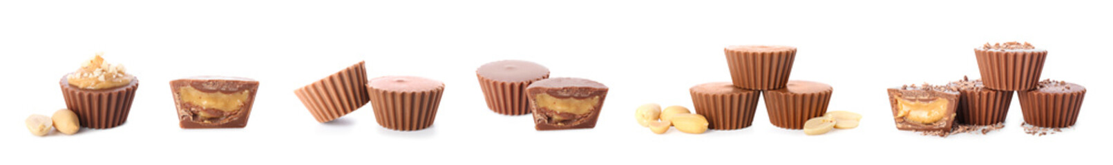 Set of homemade peanut butter cups on white background