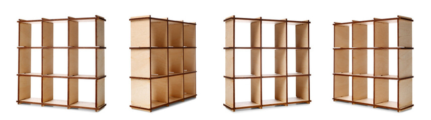 Set of toy wooden shelving unit isolated on white
