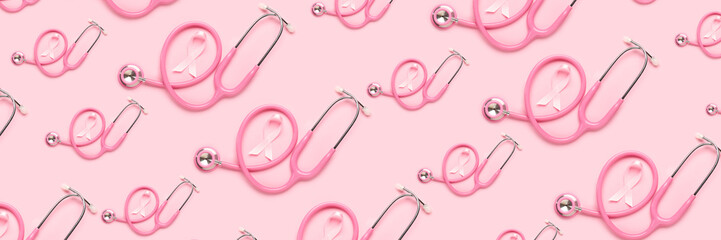 Many pink ribbons and stethoscopes on color background. Breast cancer awareness concept
