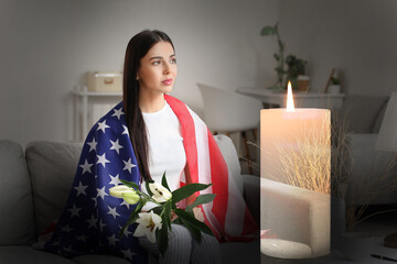 Double exposure of burning candle and sad young woman with USA flag at home on Memorial Day