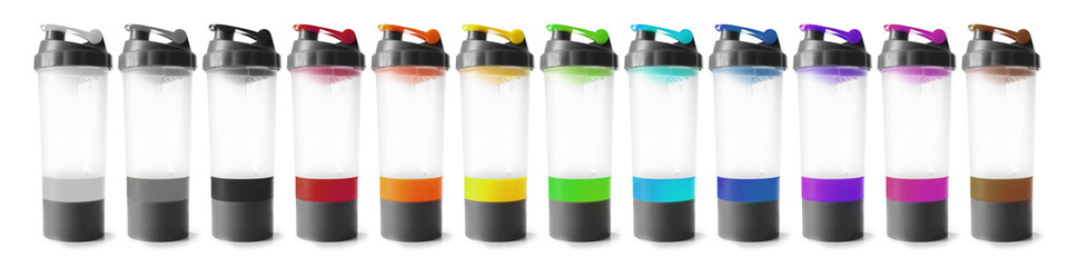 Set of colorful sports water bottles isolated on white