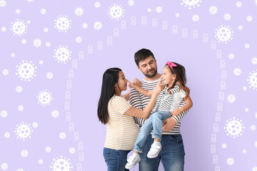 Healthy family, drawn ampules and viruses on lilac background. Concept of vaccination