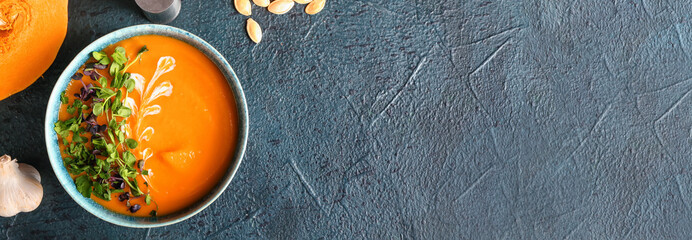 Bowl with delicious pumpkin cream soup on dark background with space for text