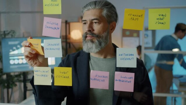 Pensive entrepreneur sticking colorful notes on glass board working in office at night while colleagues are busy in background. People and occupation concept.