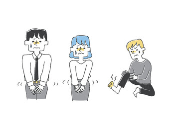 体の痒みで悩まされている人々のセット　コミカルな手書きの人物　ベクター、温かみのある線画