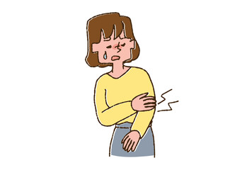 腕の関節が痛い女性　コミカルな手書きの人物　ベクター、温かみのある線画
