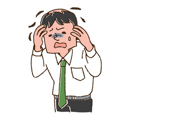ストレスで髪が抜けていく男性　コミカルな手書きの人物　ベクター、温かみのある線画