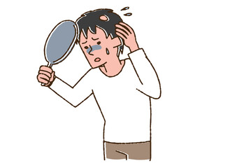 十円ハゲができて悩んでいる男性　コミカルな手書きの人物　ベクター、温かみのある線画