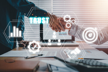 Trust customer relations reliability business concept, Business team discussing data on office desk...