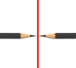 Red line with two pencils. Concept idea of not crossing my redline even if we are equal or identical 