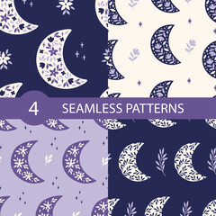 Floral moon vector seamless pattern set. Trendy illustration with flower, stars. Print for fabric design, textile, kids and baby clothes, digital paper, wallpaper, cover.