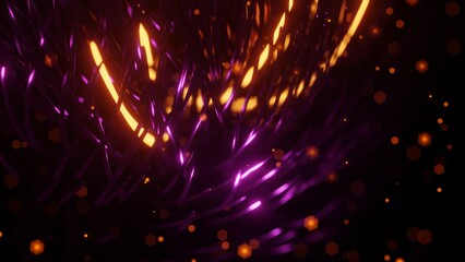 Abstract 3d render background with depth of fields blur and bokeh effect. Beautiful dark design in black, yellow, orange and purple colors. Shining and magical illustration for covers and wallpapers.