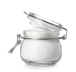 Jar of baking soda on white background