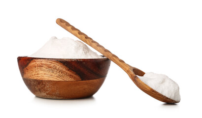 Bowl of baking soda and spoon on white background
