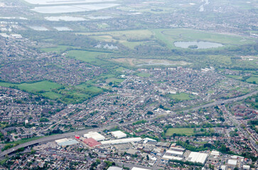 Aerial view of Sunbury on Thames, West London with Kempton Racecourse