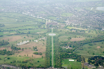Aerial view of Bushy Park with Chestnut Avenue, Diana Fountain and Hampton Court Palace