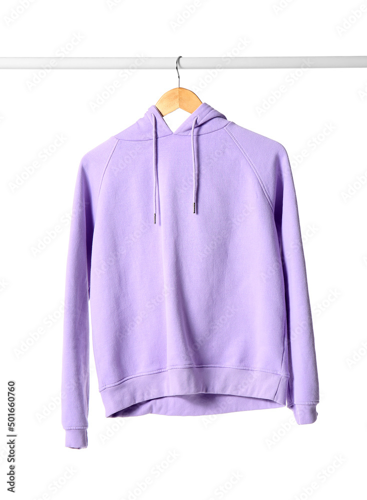 Wall mural Rack with lilac hoodie on white background