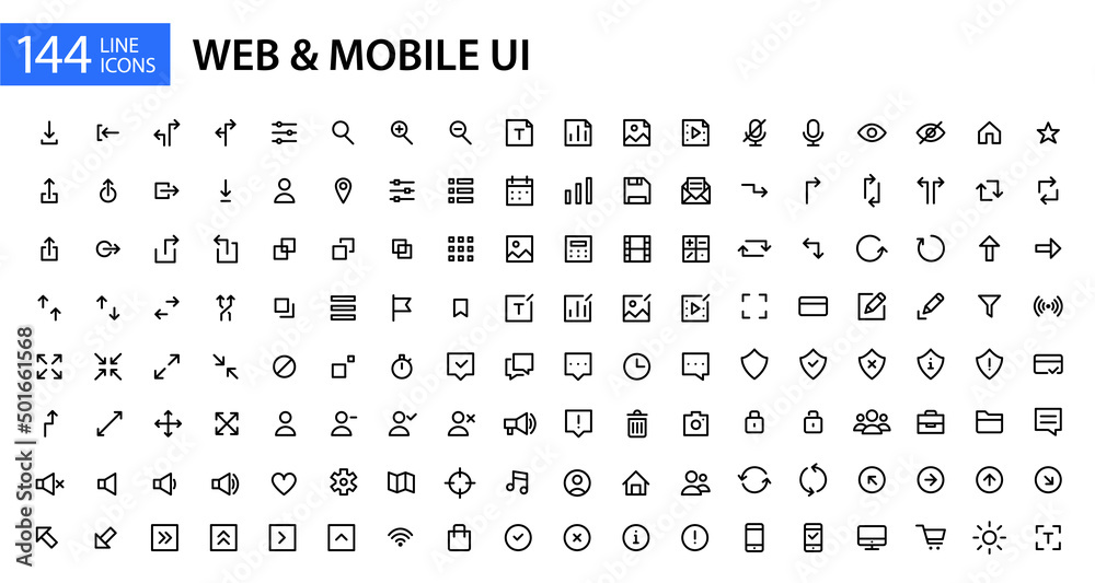 Wall mural 144 simple line art web and mobile ui icons. pixel perfect, editable stroke