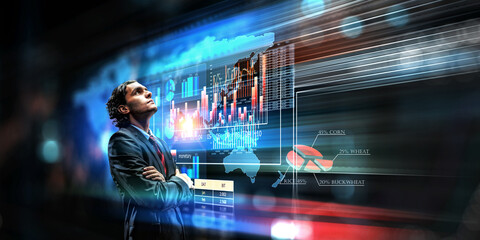 Business graph and trade monitor . Mixed media