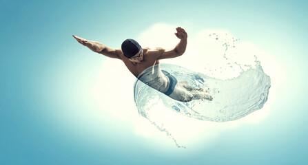 Naklejka premium Professional man swimmer on a wave . Mixed media