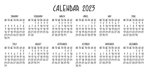 Calendar template 2023. The week starts on Monday. Simple and clean design. Calendar with hand drawn font for organization and business. Flat style in vector illustration.