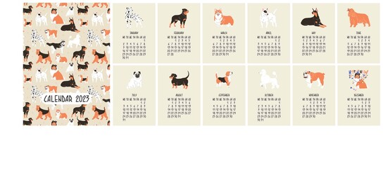 Dog Calendar 2023. Cute decorative calendar in A3 format. Collection with 12 dogs. Different breeds. Minimalistic design. Seamless pattern inside. Flat style in vector illustration. - obrazy, fototapety, plakaty