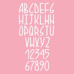 English hand drawn alphabet and numbers. Thin, elongated letters for making phrase or quotes. Text constructor. Clip art objects on pink background. Flat style in vector illustration. Isolated