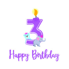 Happy third birthday candle and animals vector design